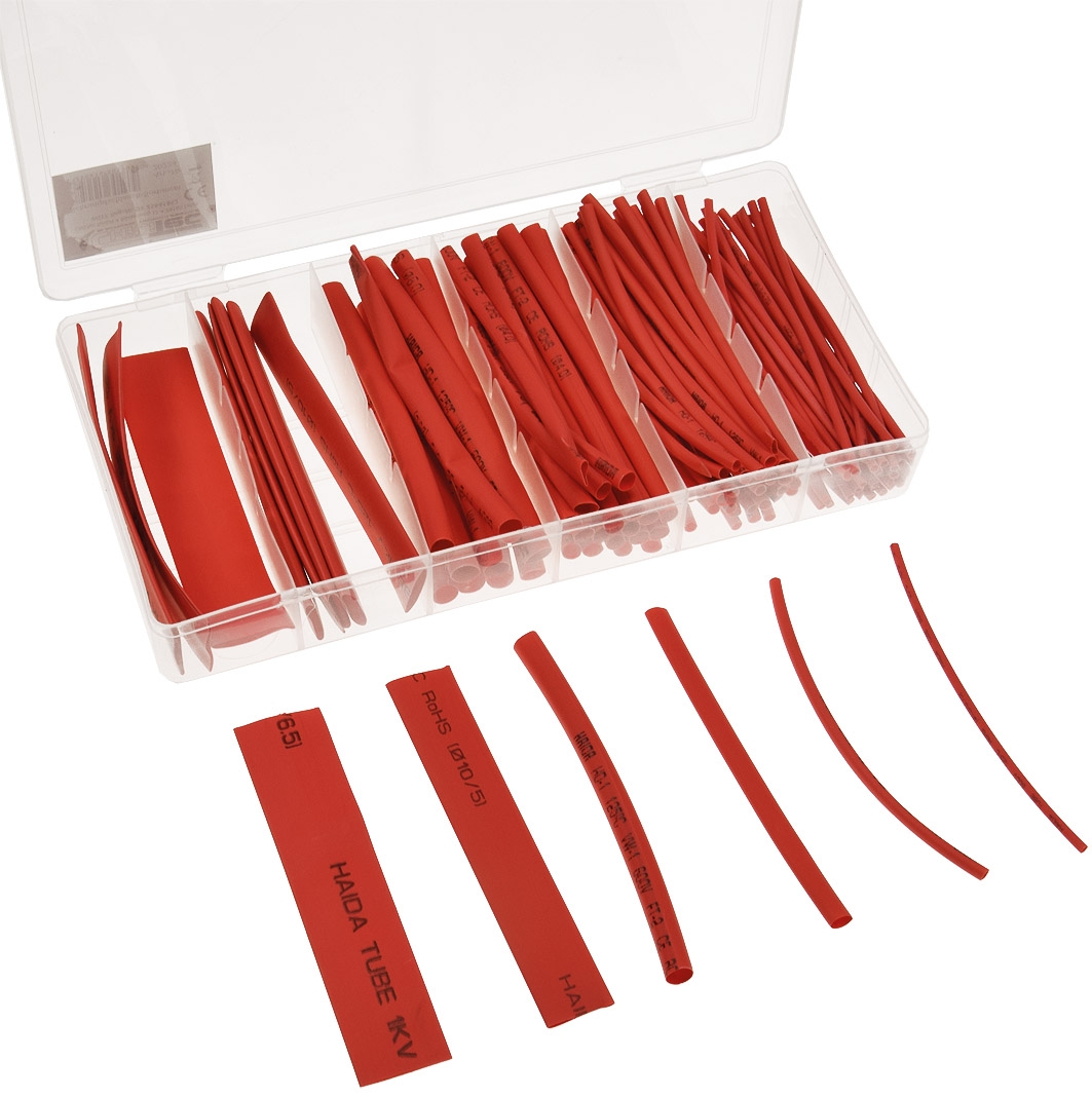 Schrumpfschlauch-Sortiment, 100-teilig in praktischer Box, rot 